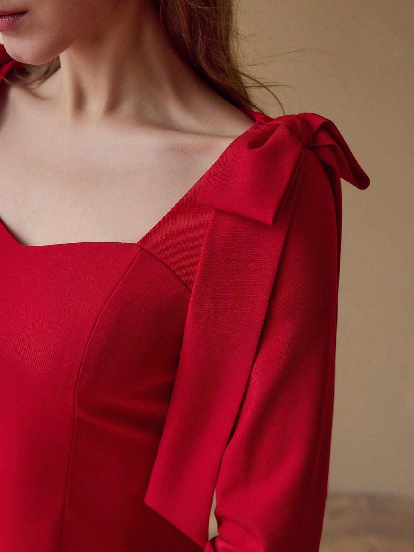 CM-TS541077 Women Elegant Seoul Style Sweetheart Neckline Long Sleeve Tie Shoulder Blouse - Red