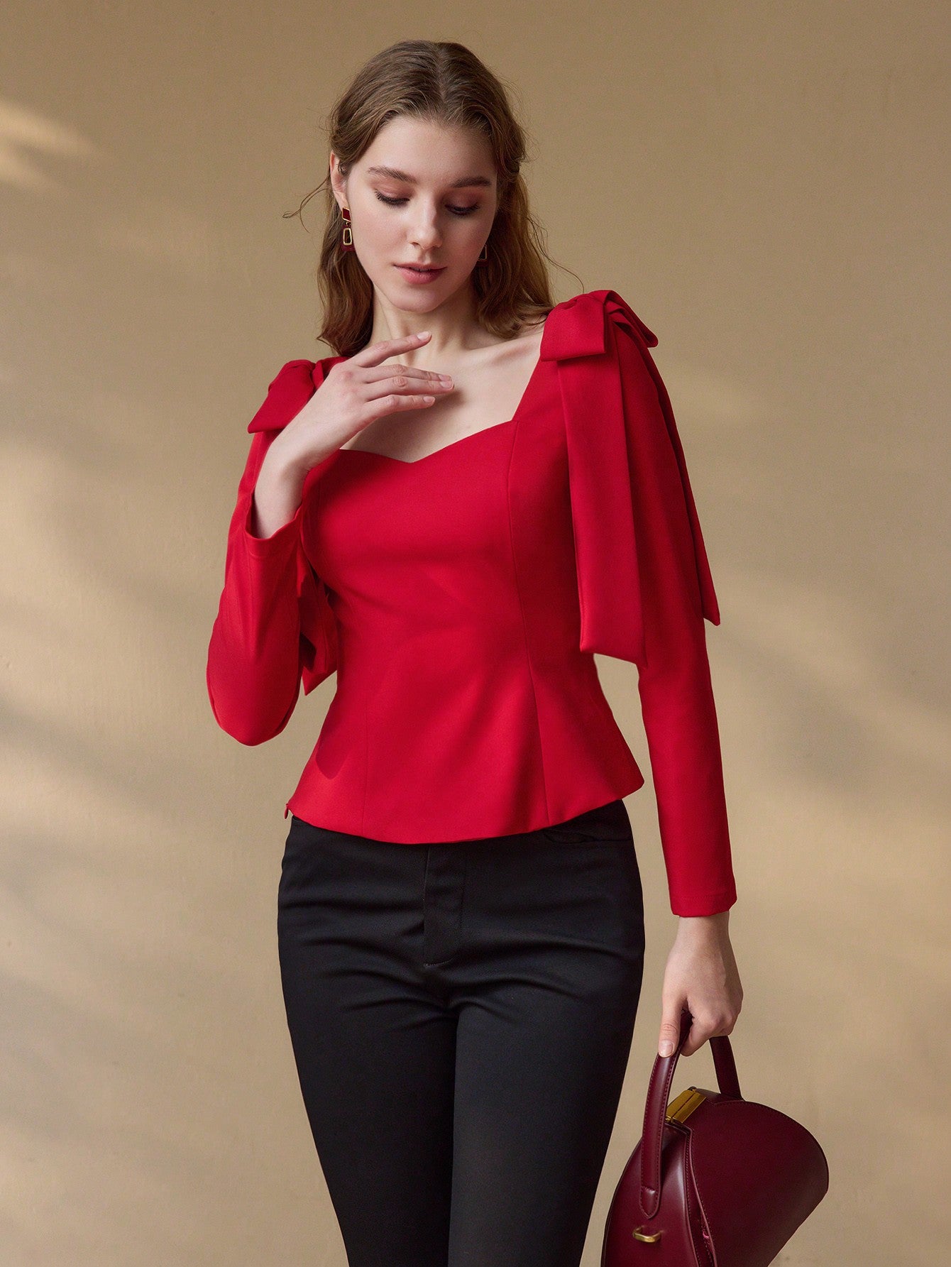 CM-TS541077 Women Elegant Seoul Style Sweetheart Neckline Long Sleeve Tie Shoulder Blouse - Red