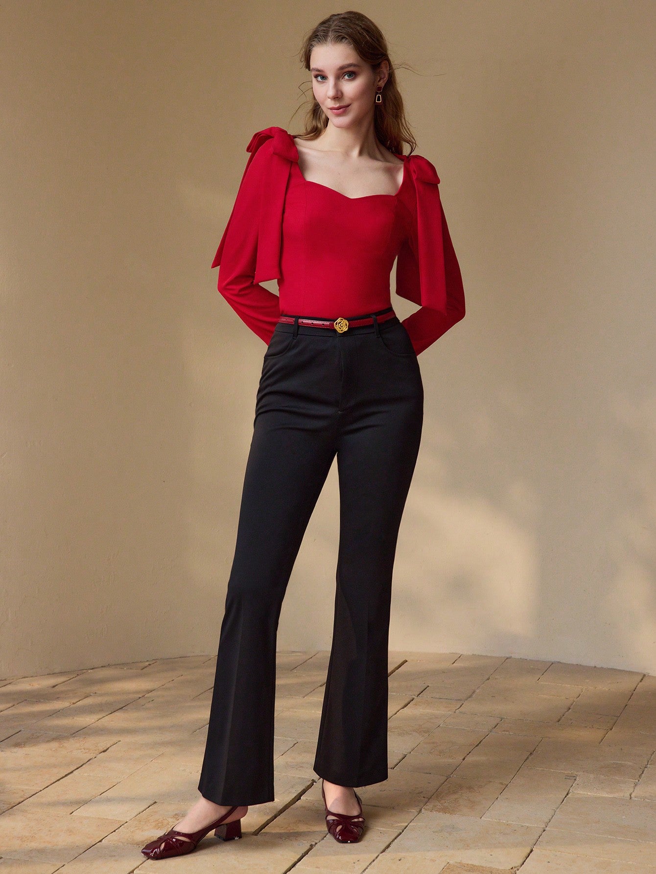 CM-TS541077 Women Elegant Seoul Style Sweetheart Neckline Long Sleeve Tie Shoulder Blouse - Red