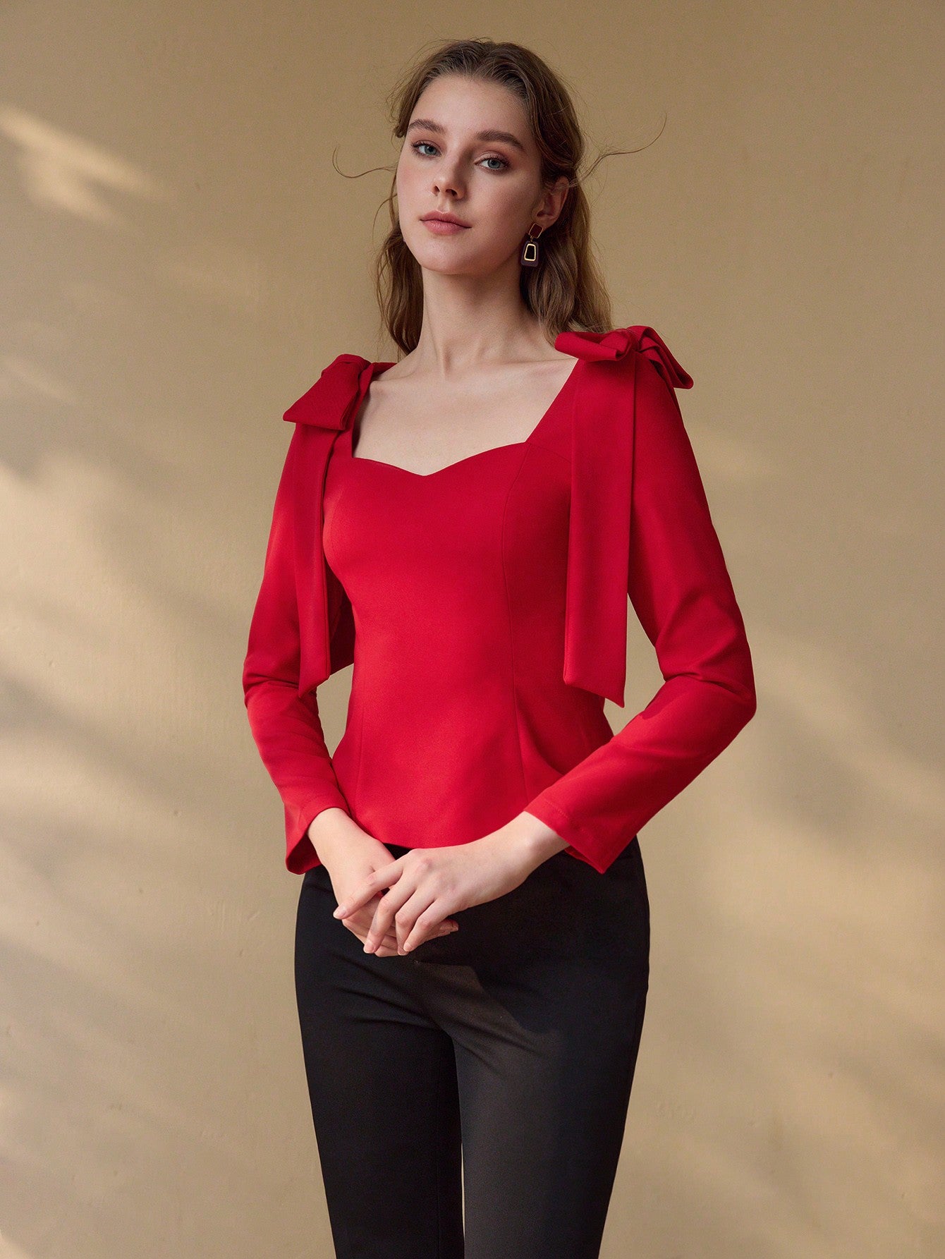 CM-TS541077 Women Elegant Seoul Style Sweetheart Neckline Long Sleeve Tie Shoulder Blouse - Red