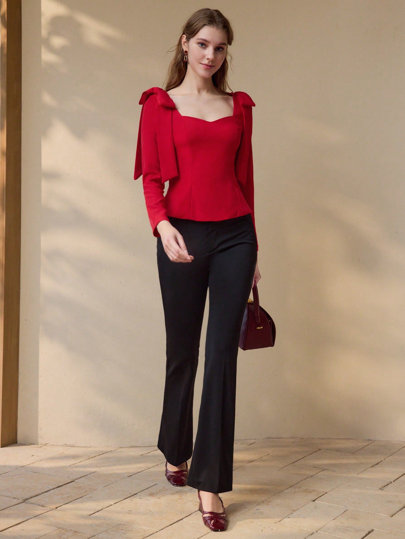 CM-TS541077 Women Elegant Seoul Style Sweetheart Neckline Long Sleeve Tie Shoulder Blouse - Red