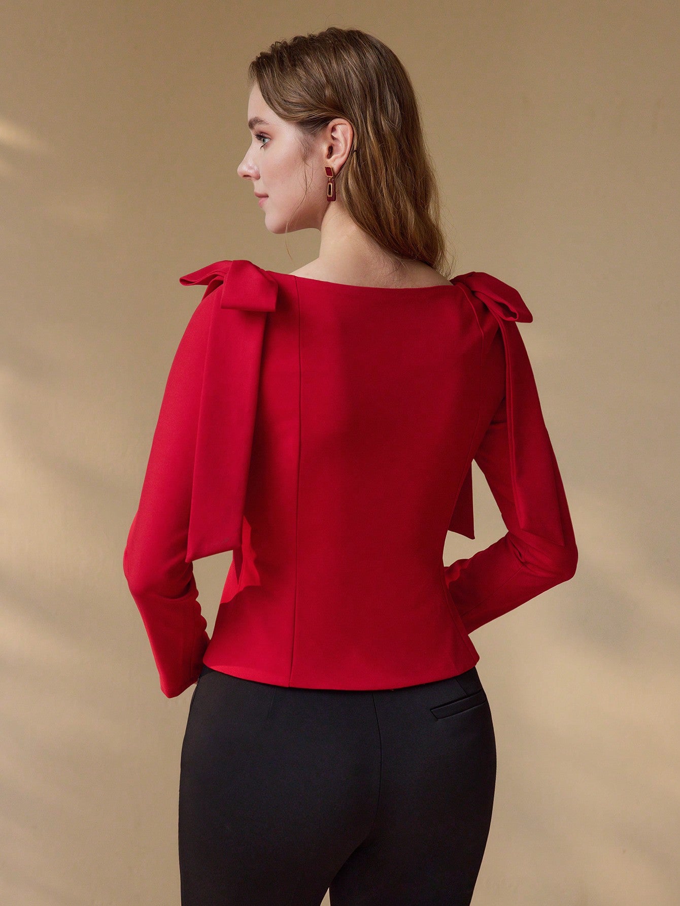 CM-TS541077 Women Elegant Seoul Style Sweetheart Neckline Long Sleeve Tie Shoulder Blouse - Red