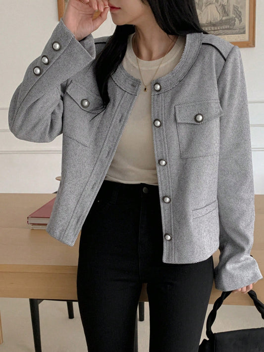 CM-CS848498 Women Casual Seoul Style Solid Color Round Neck Long Sleeve Single Breasted Blazer