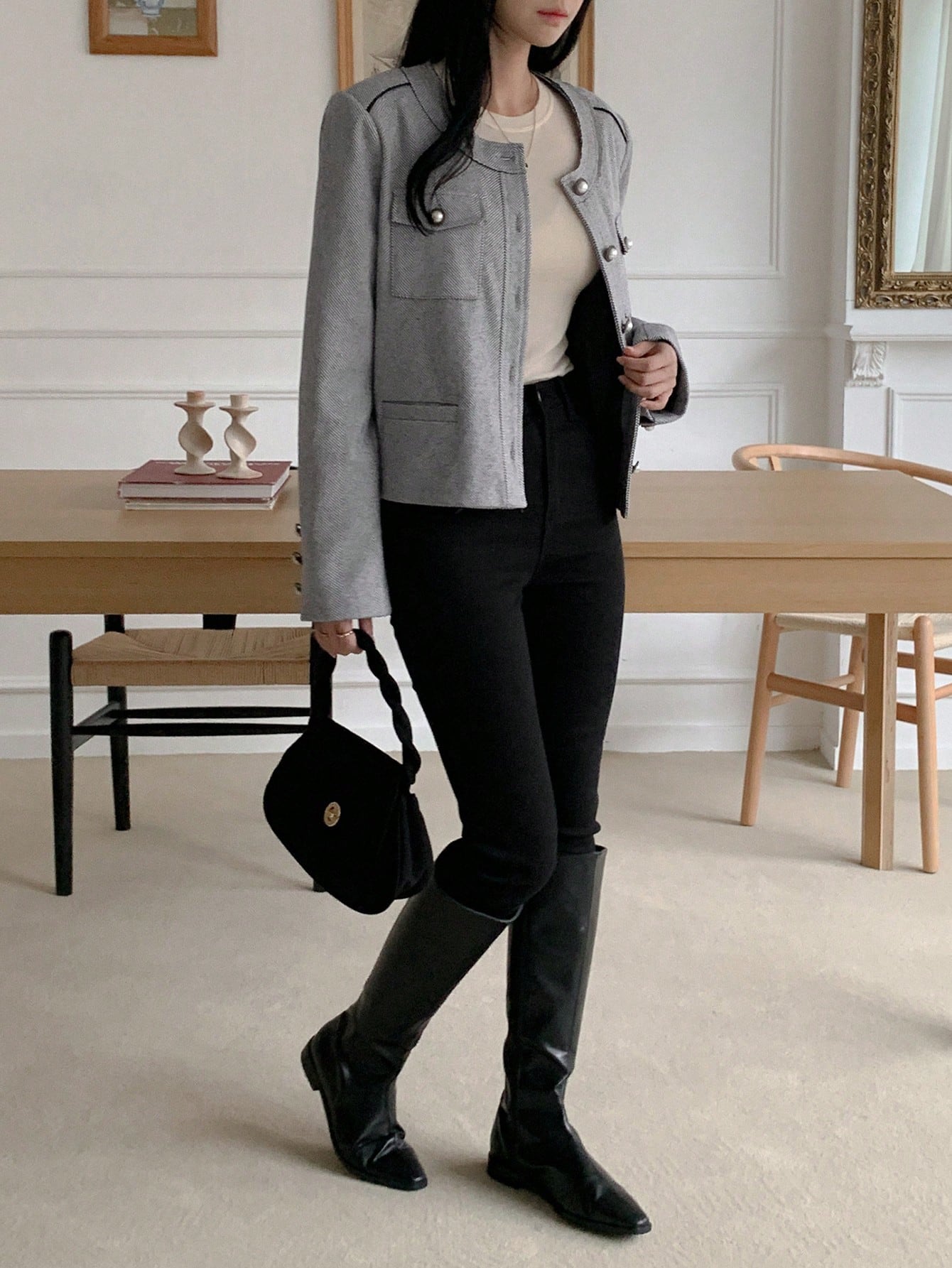 CM-CS848498 Women Casual Seoul Style Solid Color Round Neck Long Sleeve Single Breasted Blazer