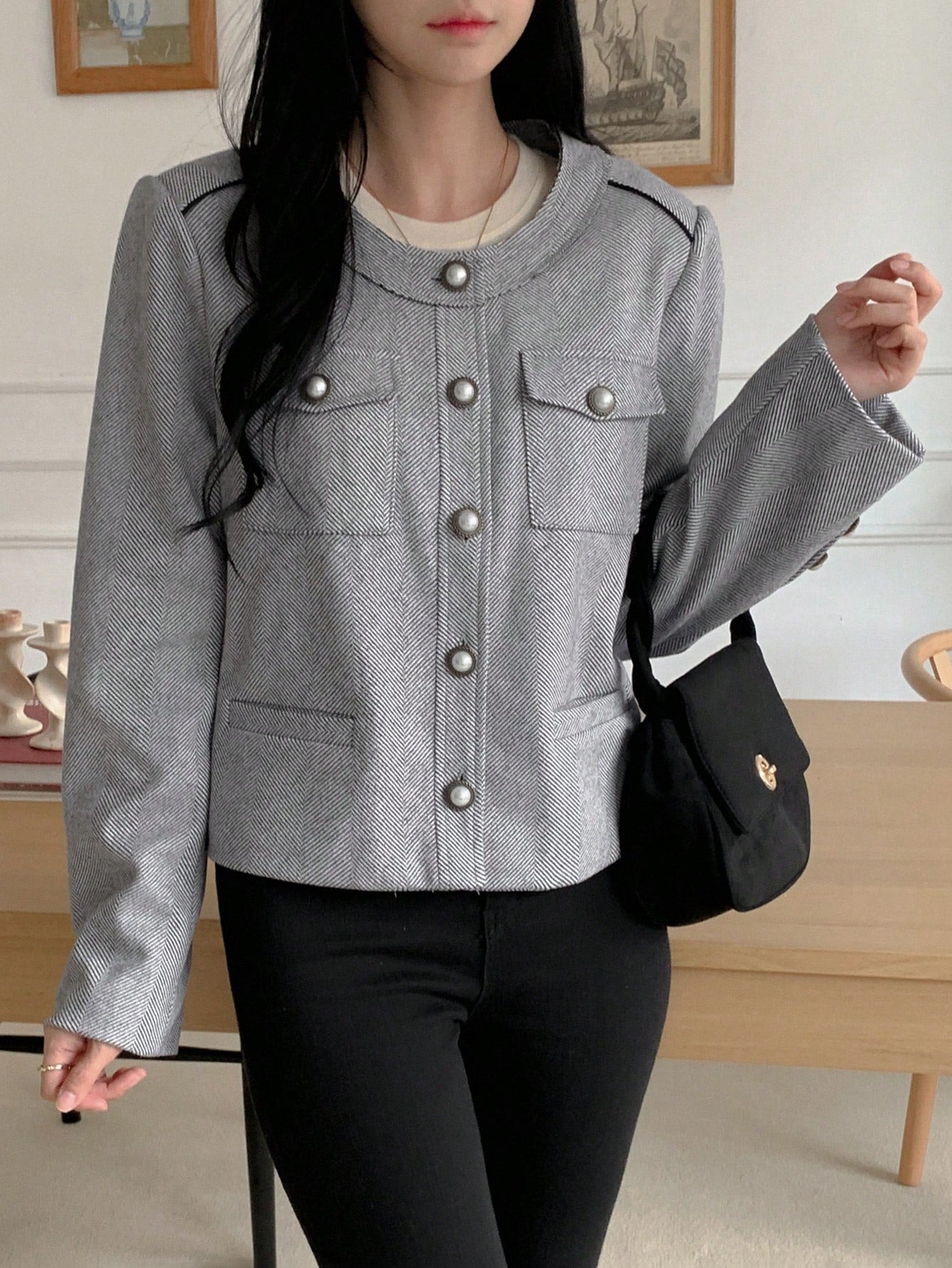 CM-CS848498 Women Casual Seoul Style Solid Color Round Neck Long Sleeve Single Breasted Blazer