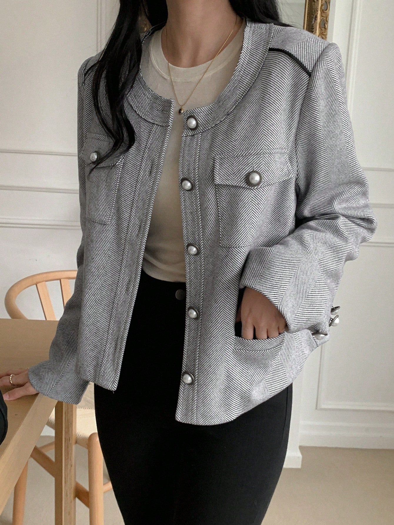 CM-CS848498 Women Casual Seoul Style Solid Color Round Neck Long Sleeve Single Breasted Blazer