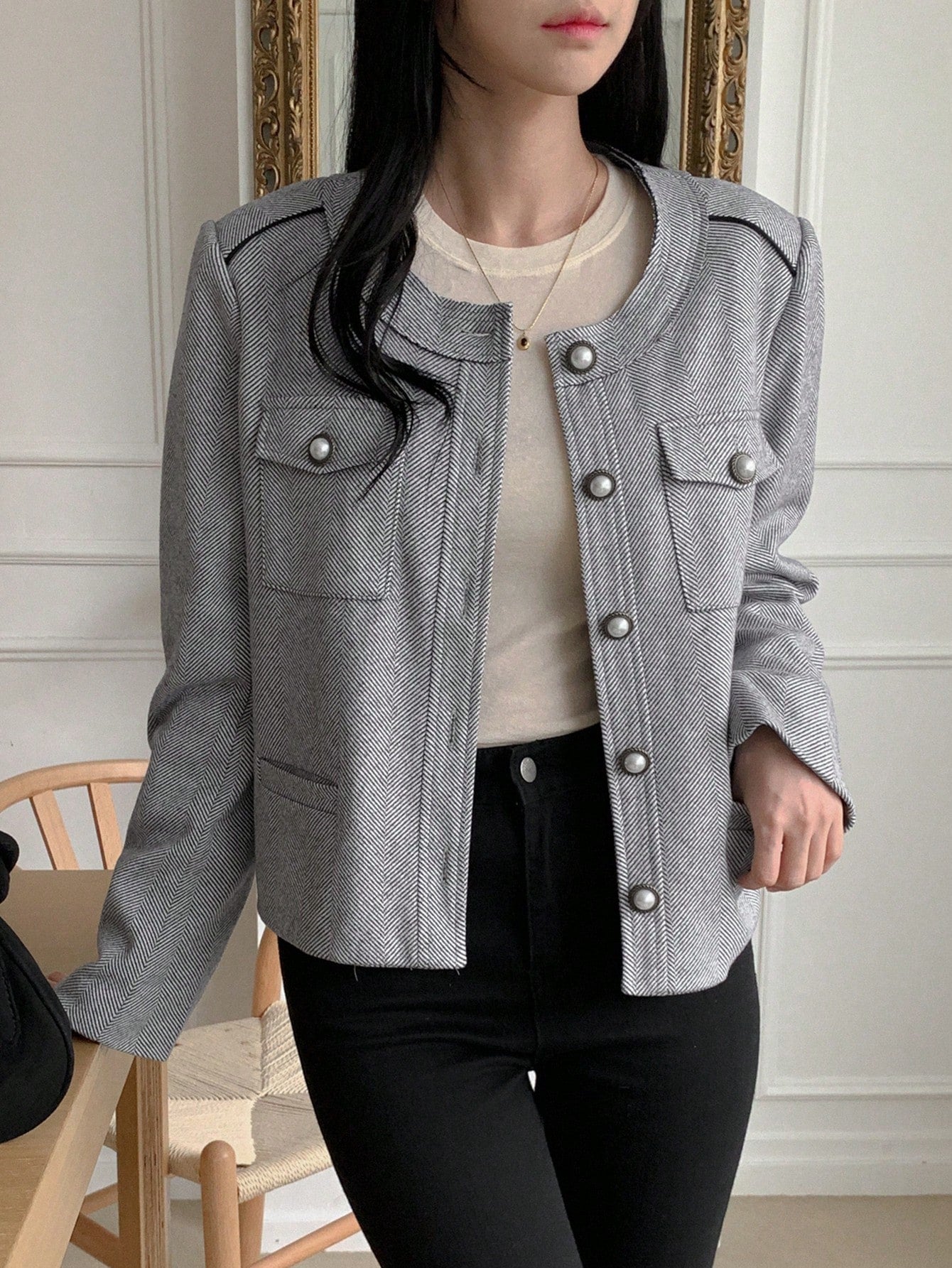 CM-CS848498 Women Casual Seoul Style Solid Color Round Neck Long Sleeve Single Breasted Blazer