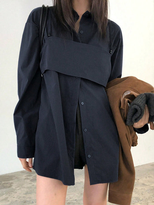 CM-TS949409 Women Casual Seoul Style Loose Long Striped Camisole And Layered Shirt - Navy Blue
