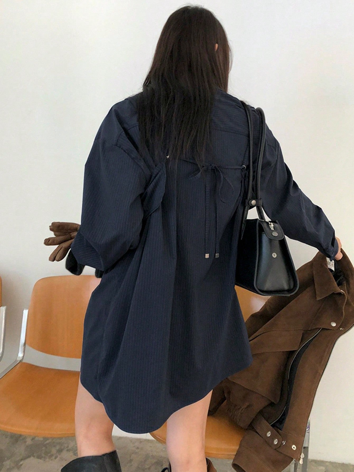CM-TS949409 Women Casual Seoul Style Loose Long Striped Camisole And Layered Shirt - Navy Blue