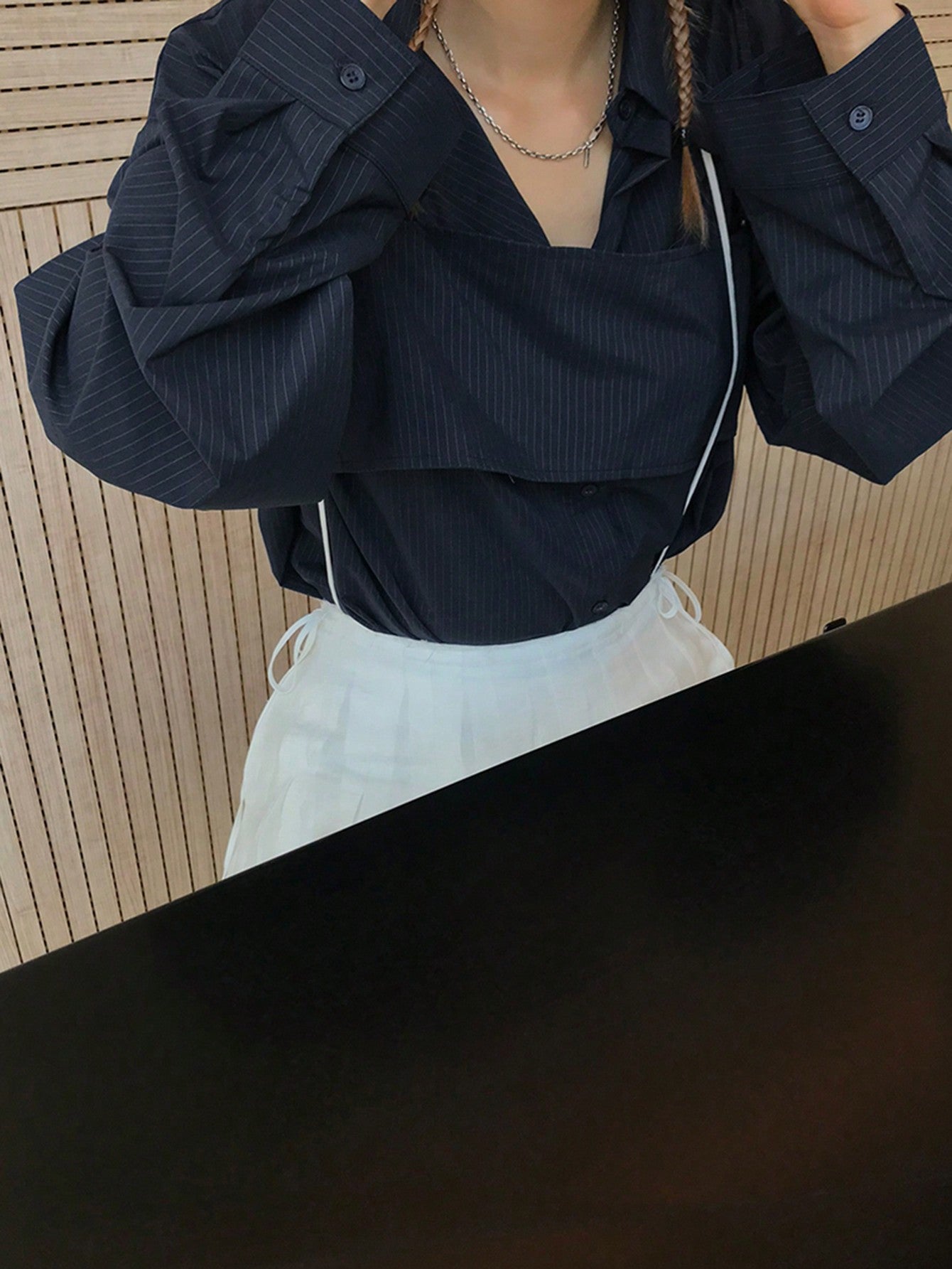 CM-TS949409 Women Casual Seoul Style Loose Long Striped Camisole And Layered Shirt - Navy Blue
