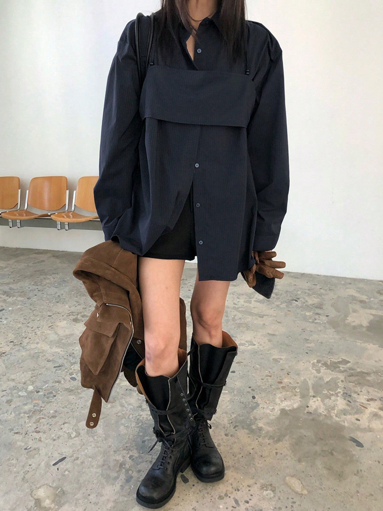 CM-TS949409 Women Casual Seoul Style Loose Long Striped Camisole And Layered Shirt - Navy Blue