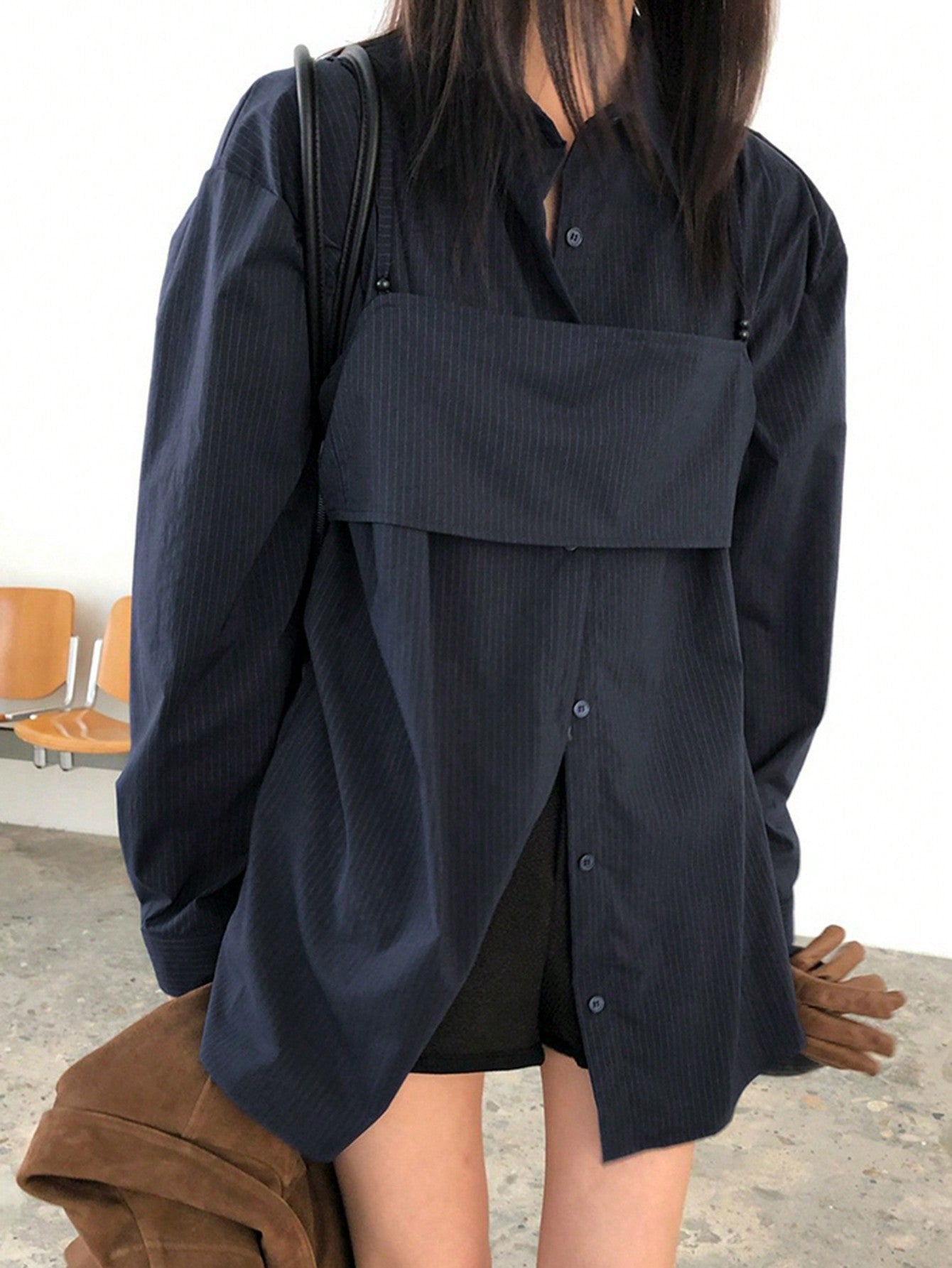 CM-TS949409 Women Casual Seoul Style Loose Long Striped Camisole And Layered Shirt - Navy Blue
