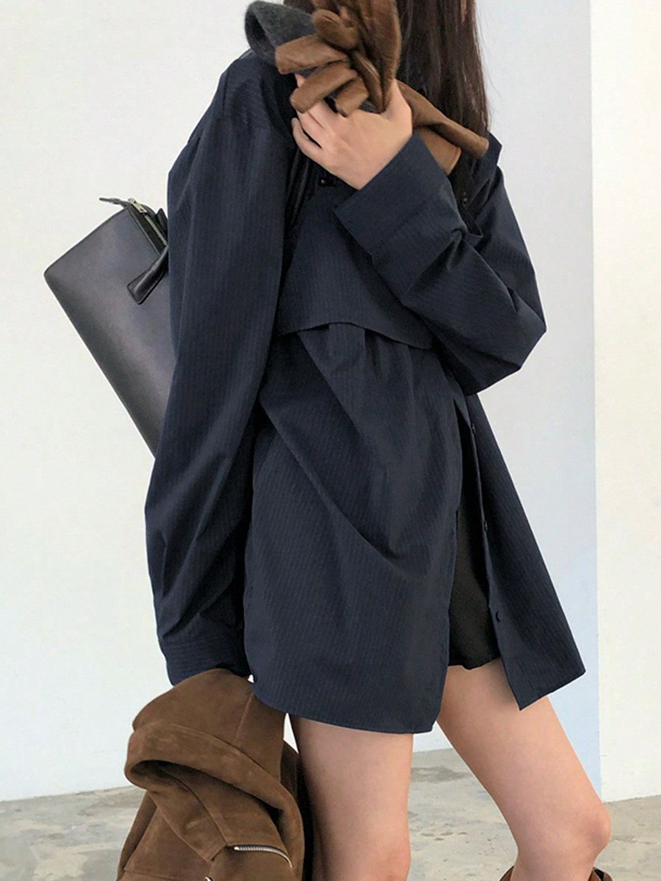CM-TS949409 Women Casual Seoul Style Loose Long Striped Camisole And Layered Shirt - Navy Blue