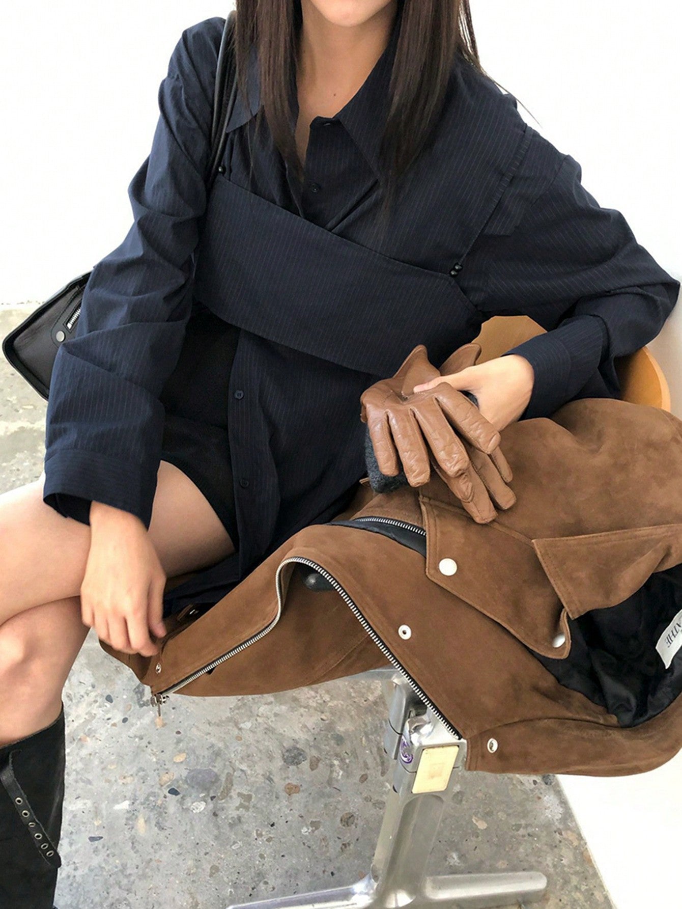 CM-TS949409 Women Casual Seoul Style Loose Long Striped Camisole And Layered Shirt - Navy Blue
