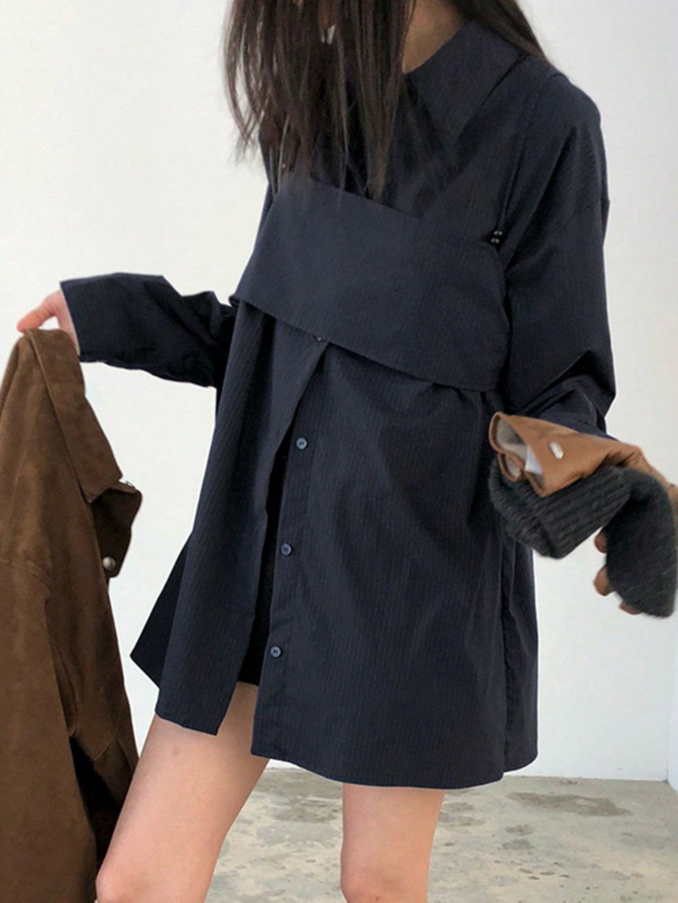 CM-TS949409 Women Casual Seoul Style Loose Long Striped Camisole And Layered Shirt - Navy Blue