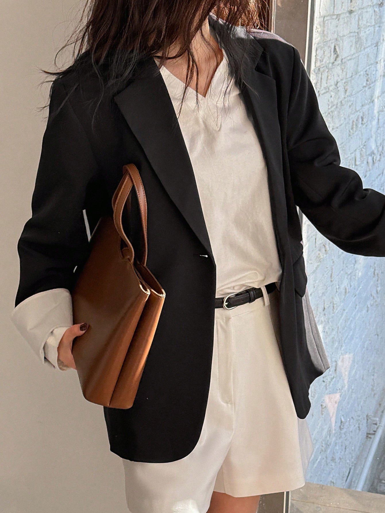 CM-CS274516 Women Casual Seoul Style Lapel Neckline Long Sleeve Two-Tone Cuff Blazer Jacket - Black