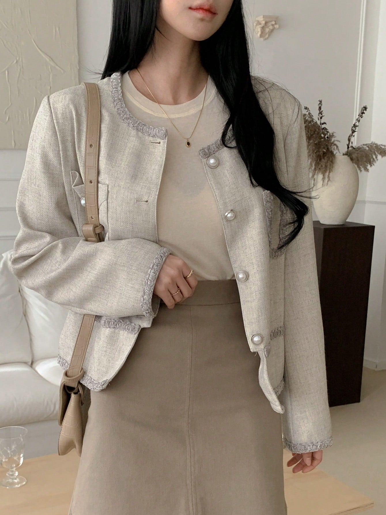 CM-CS042862 Women Casual Seoul Style Round Neck Single-Breasted Double Pocket Blazer - Gray