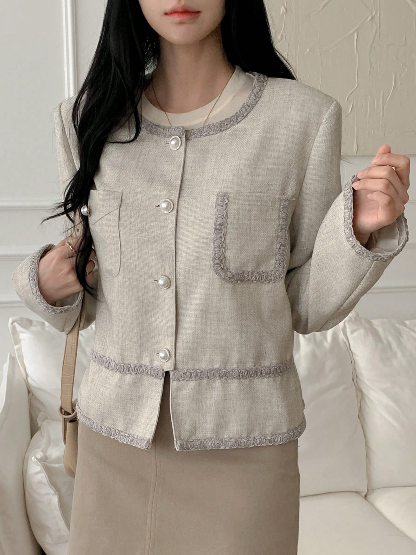 CM-CS042862 Women Casual Seoul Style Round Neck Single-Breasted Double Pocket Blazer - Gray