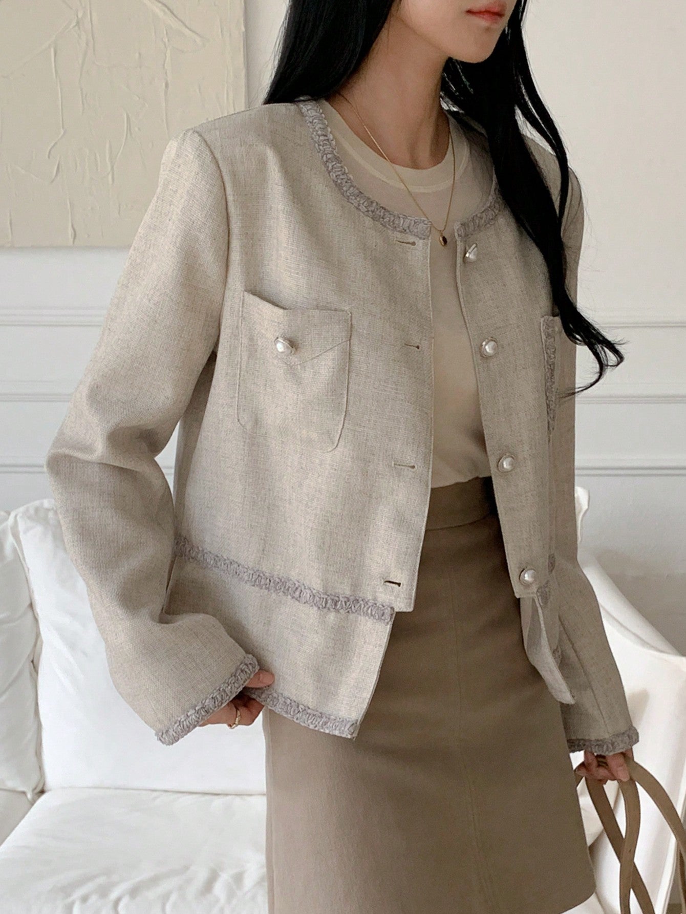 CM-CS042862 Women Casual Seoul Style Round Neck Single-Breasted Double Pocket Blazer - Gray