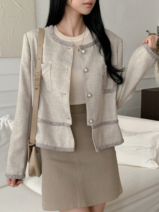 CM-CS042862 Women Casual Seoul Style Round Neck Single-Breasted Double Pocket Blazer - Gray