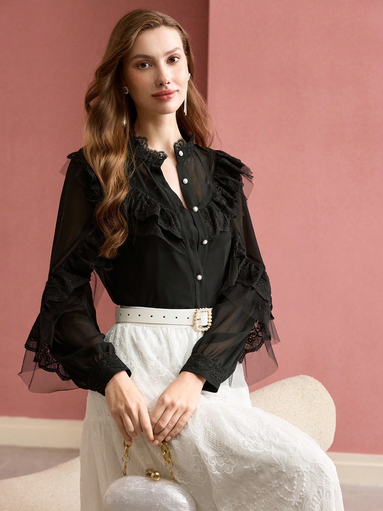 CM-TS559507 Women Elegant Seoul Style Stand Collar Long Sleeve Contrast Lace Ruffle Trim Blouse - Black