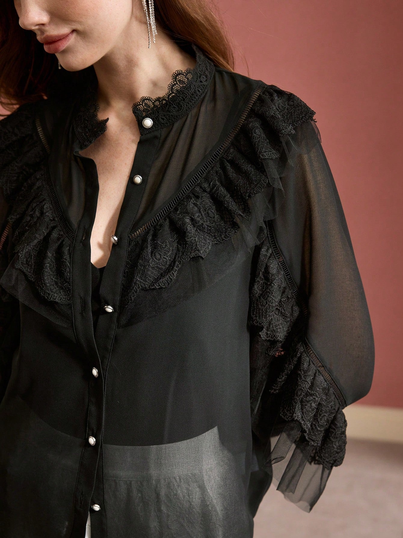 CM-TS559507 Women Elegant Seoul Style Stand Collar Long Sleeve Contrast Lace Ruffle Trim Blouse - Black