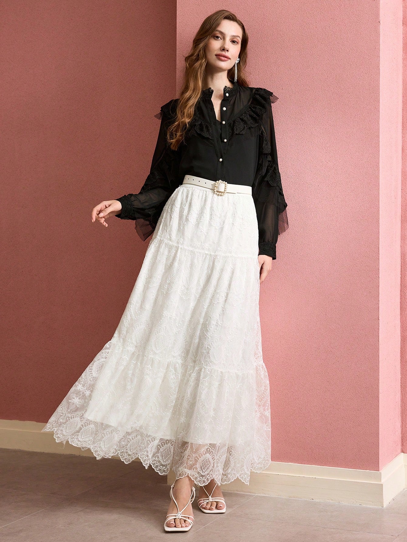 CM-TS559507 Women Elegant Seoul Style Stand Collar Long Sleeve Contrast Lace Ruffle Trim Blouse - Black