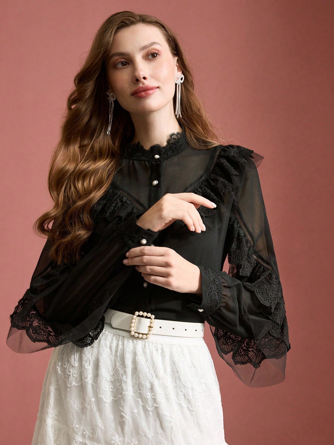 CM-TS559507 Women Elegant Seoul Style Stand Collar Long Sleeve Contrast Lace Ruffle Trim Blouse - Black