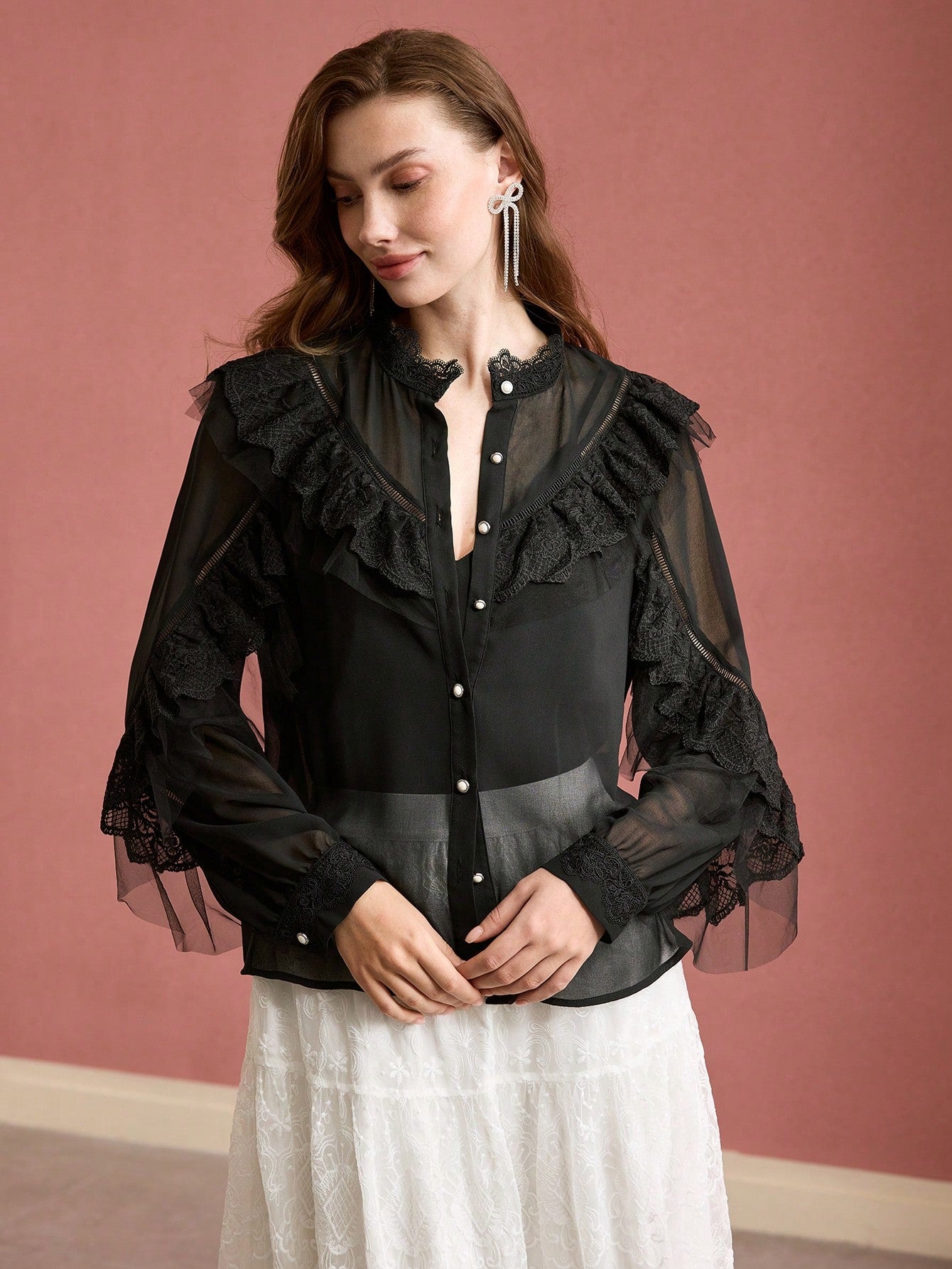CM-TS559507 Women Elegant Seoul Style Stand Collar Long Sleeve Contrast Lace Ruffle Trim Blouse - Black