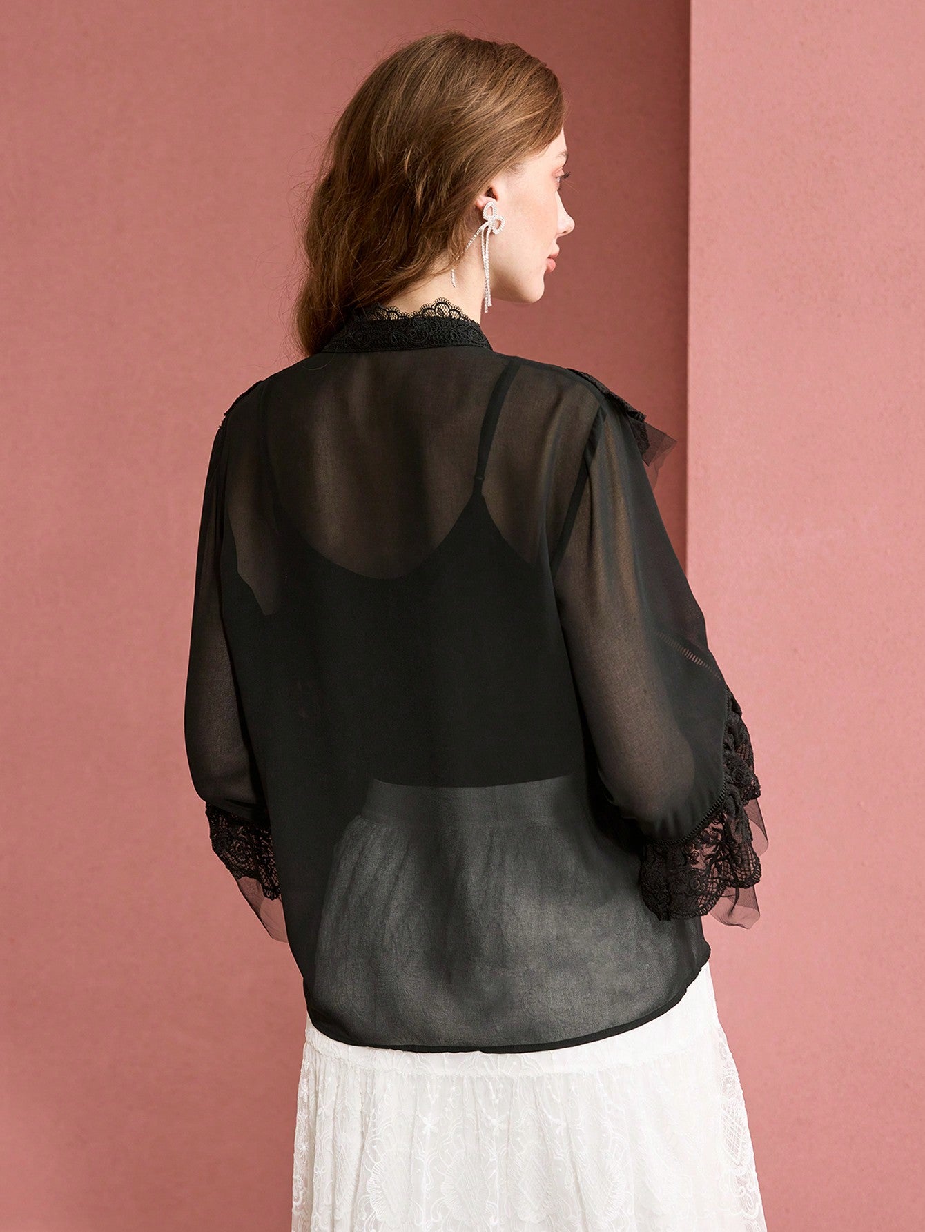 CM-TS559507 Women Elegant Seoul Style Stand Collar Long Sleeve Contrast Lace Ruffle Trim Blouse - Black