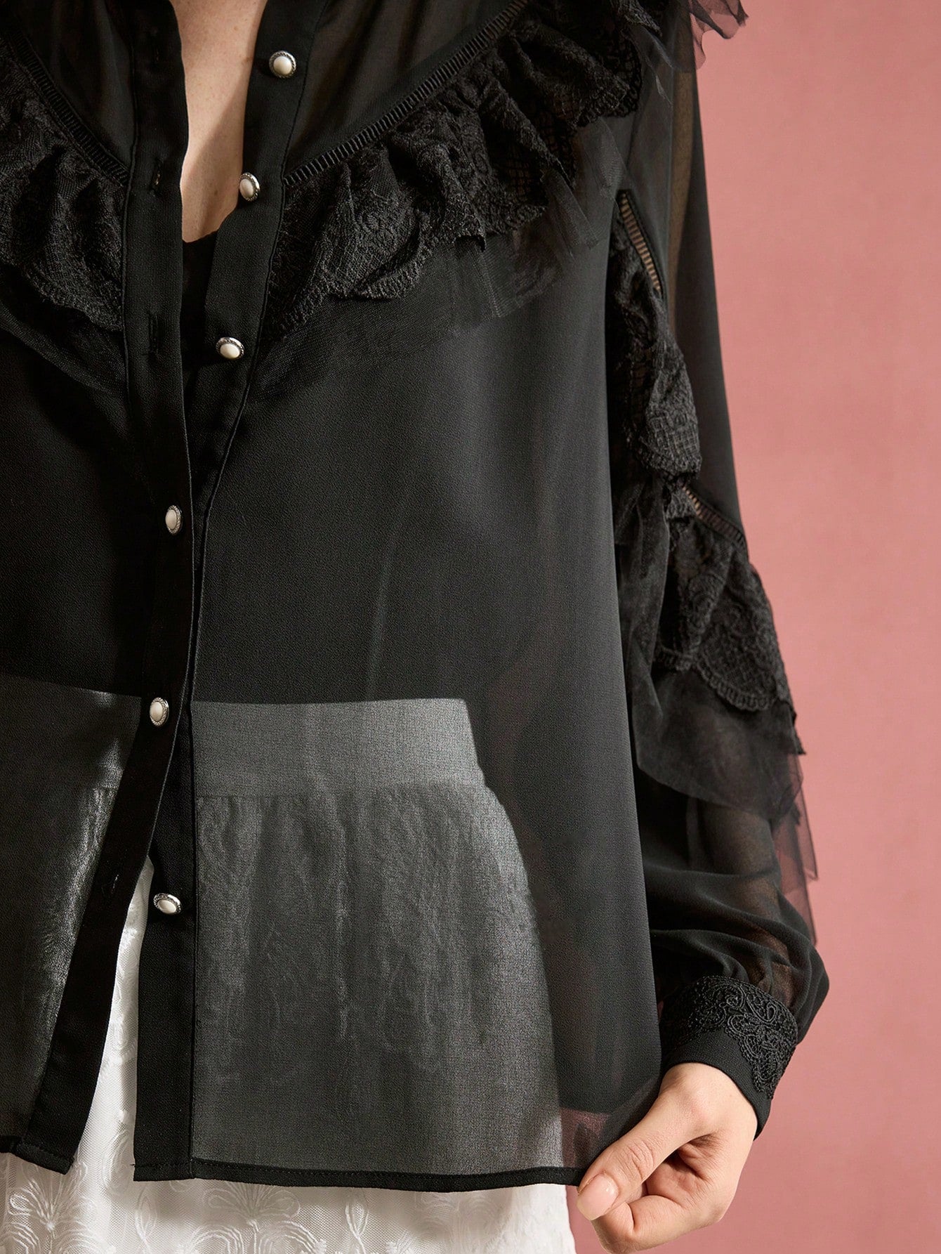 CM-TS559507 Women Elegant Seoul Style Stand Collar Long Sleeve Contrast Lace Ruffle Trim Blouse - Black