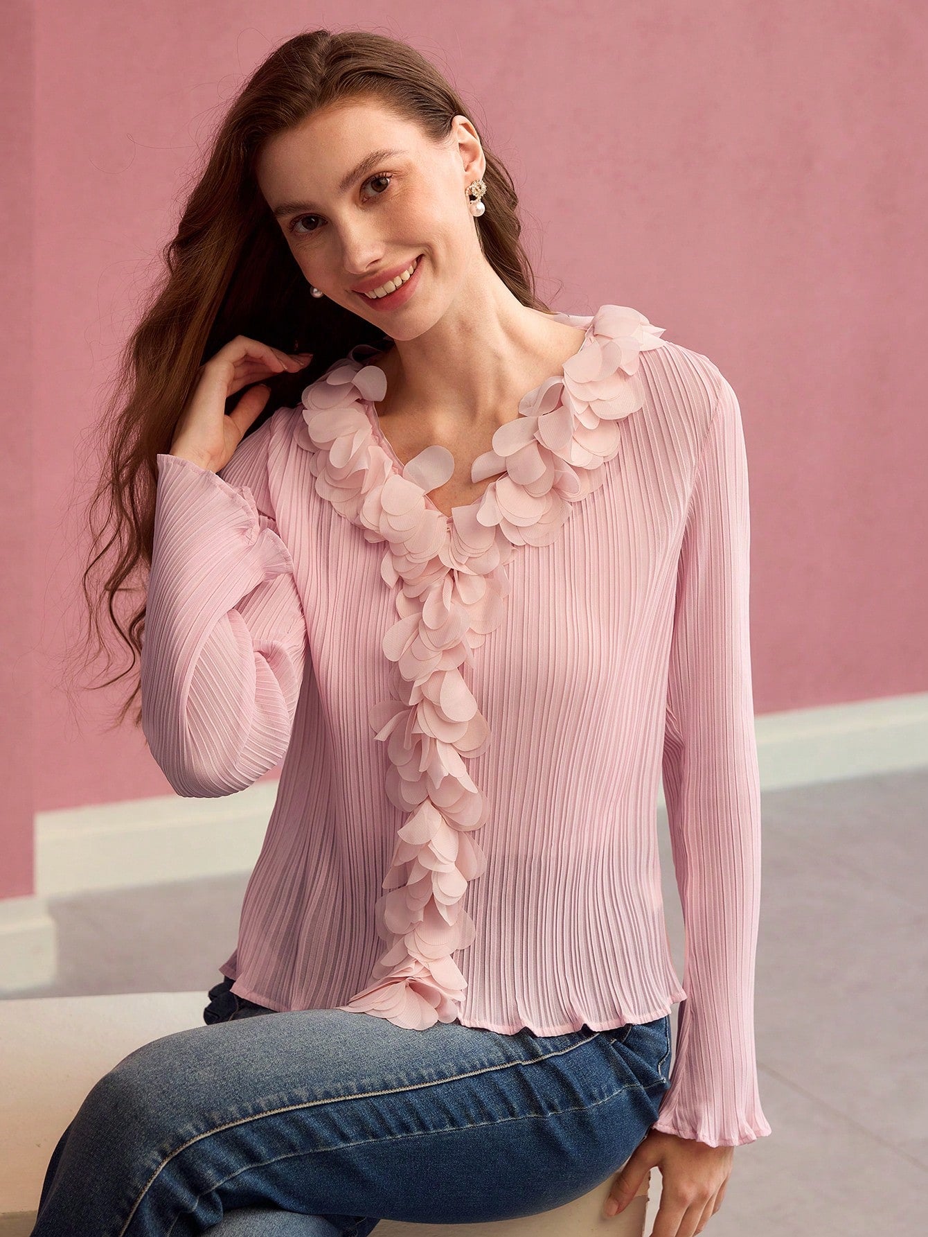 CM-TS975925 Women Elegant Seoul Style Ruffle Decor V-Neck Appliques Flare Sleeve Top - Pink