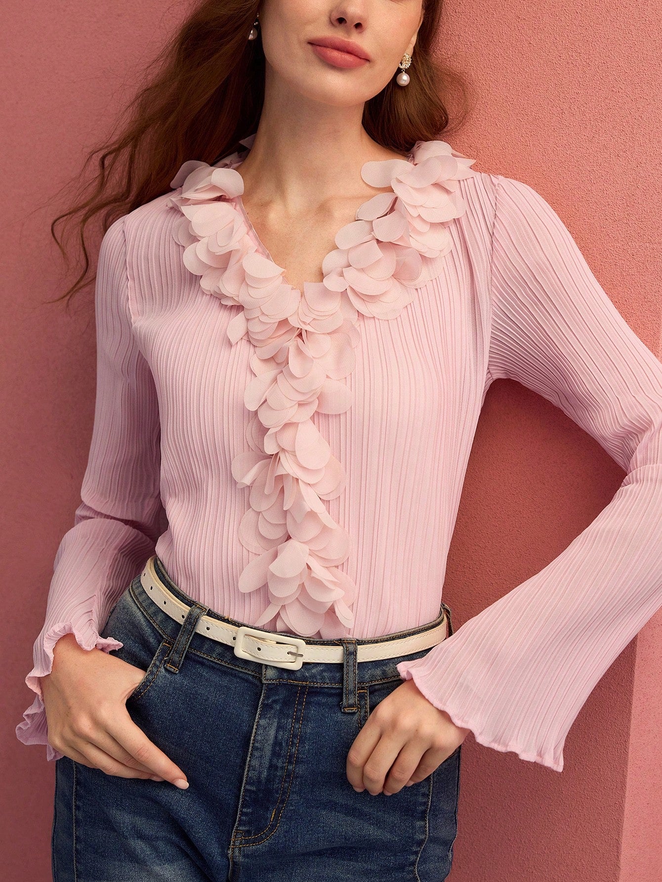 CM-TS975925 Women Elegant Seoul Style Ruffle Decor V-Neck Appliques Flare Sleeve Top - Pink