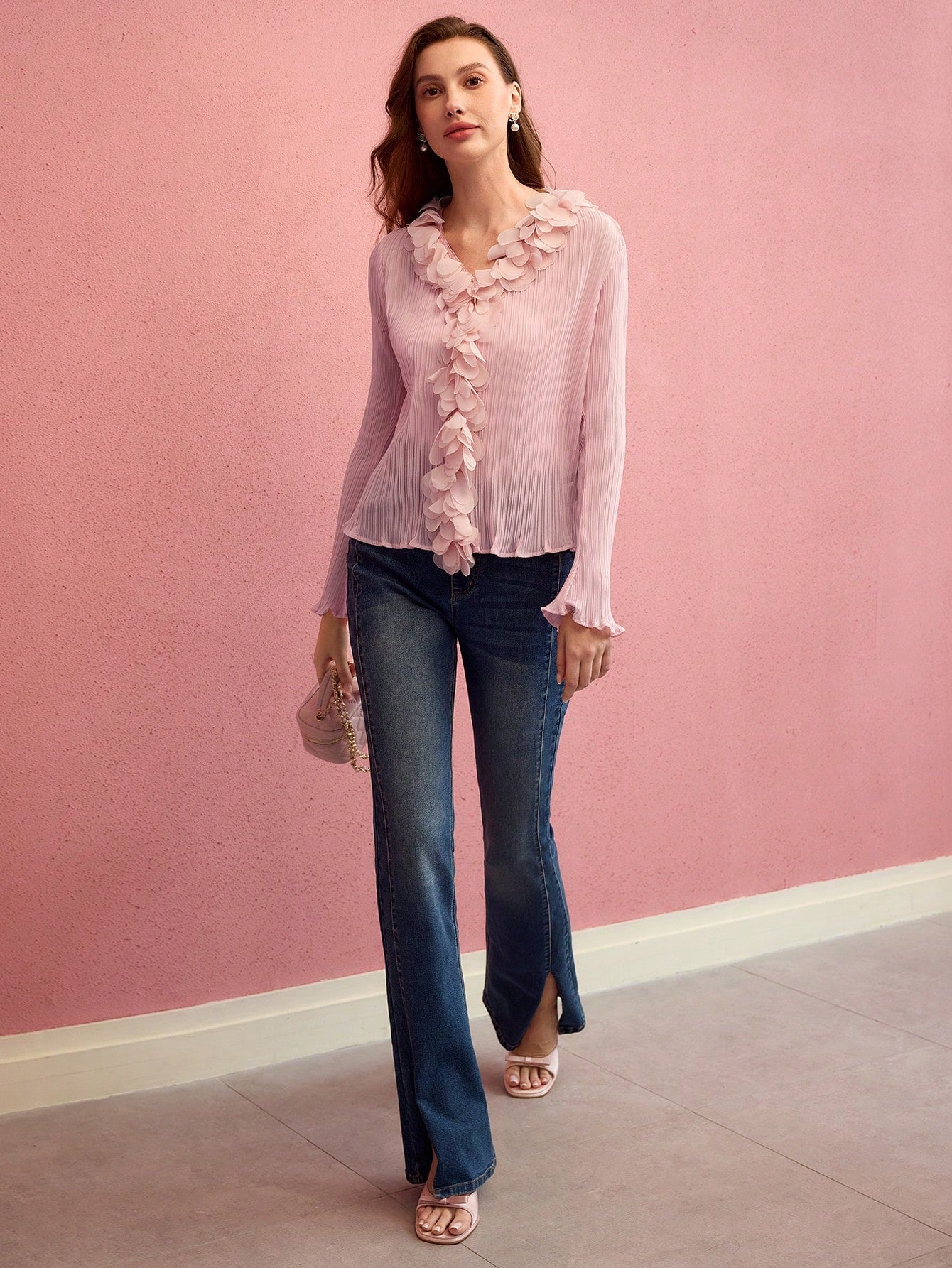 CM-TS975925 Women Elegant Seoul Style Ruffle Decor V-Neck Appliques Flare Sleeve Top - Pink