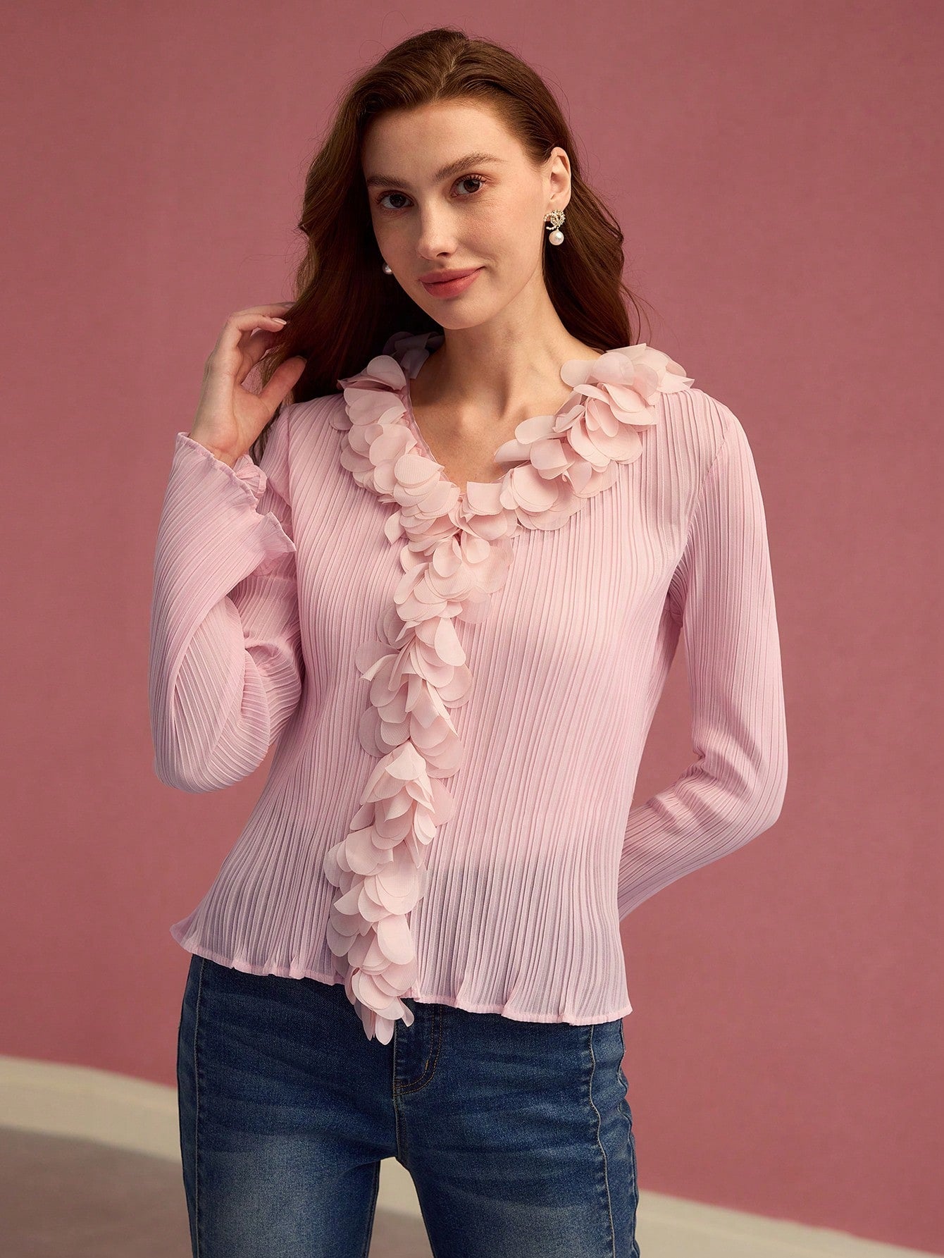 CM-TS975925 Women Elegant Seoul Style Ruffle Decor V-Neck Appliques Flare Sleeve Top - Pink