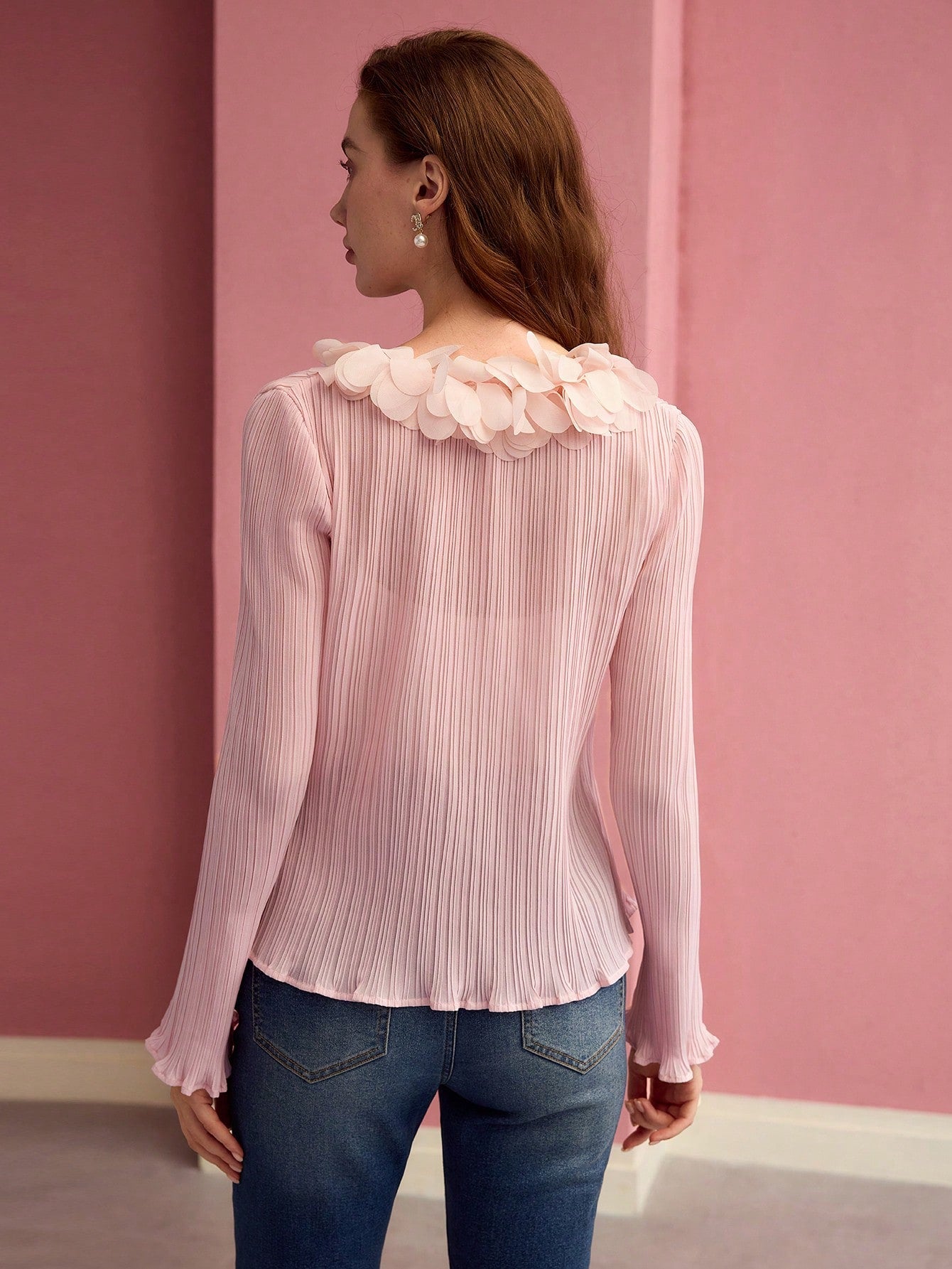 CM-TS975925 Women Elegant Seoul Style Ruffle Decor V-Neck Appliques Flare Sleeve Top - Pink