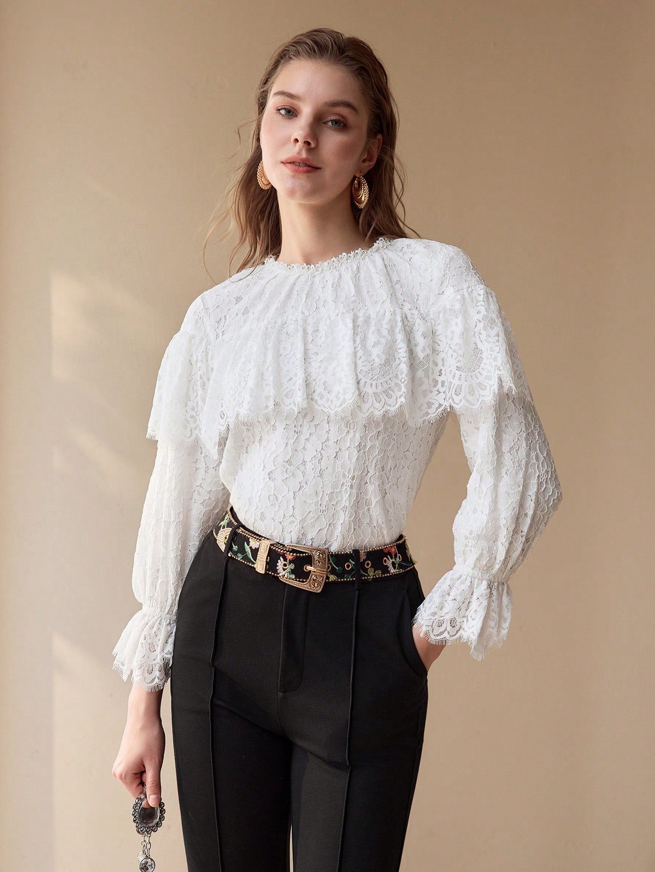 CM-TS840828 Women Elegant Seoul Style Round Neck Long Sleeve Lace Ruffle Trim Blouse - White