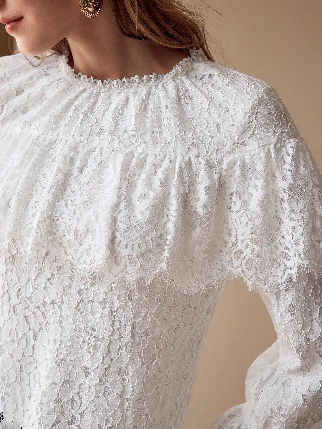 CM-TS840828 Women Elegant Seoul Style Round Neck Long Sleeve Lace Ruffle Trim Blouse - White