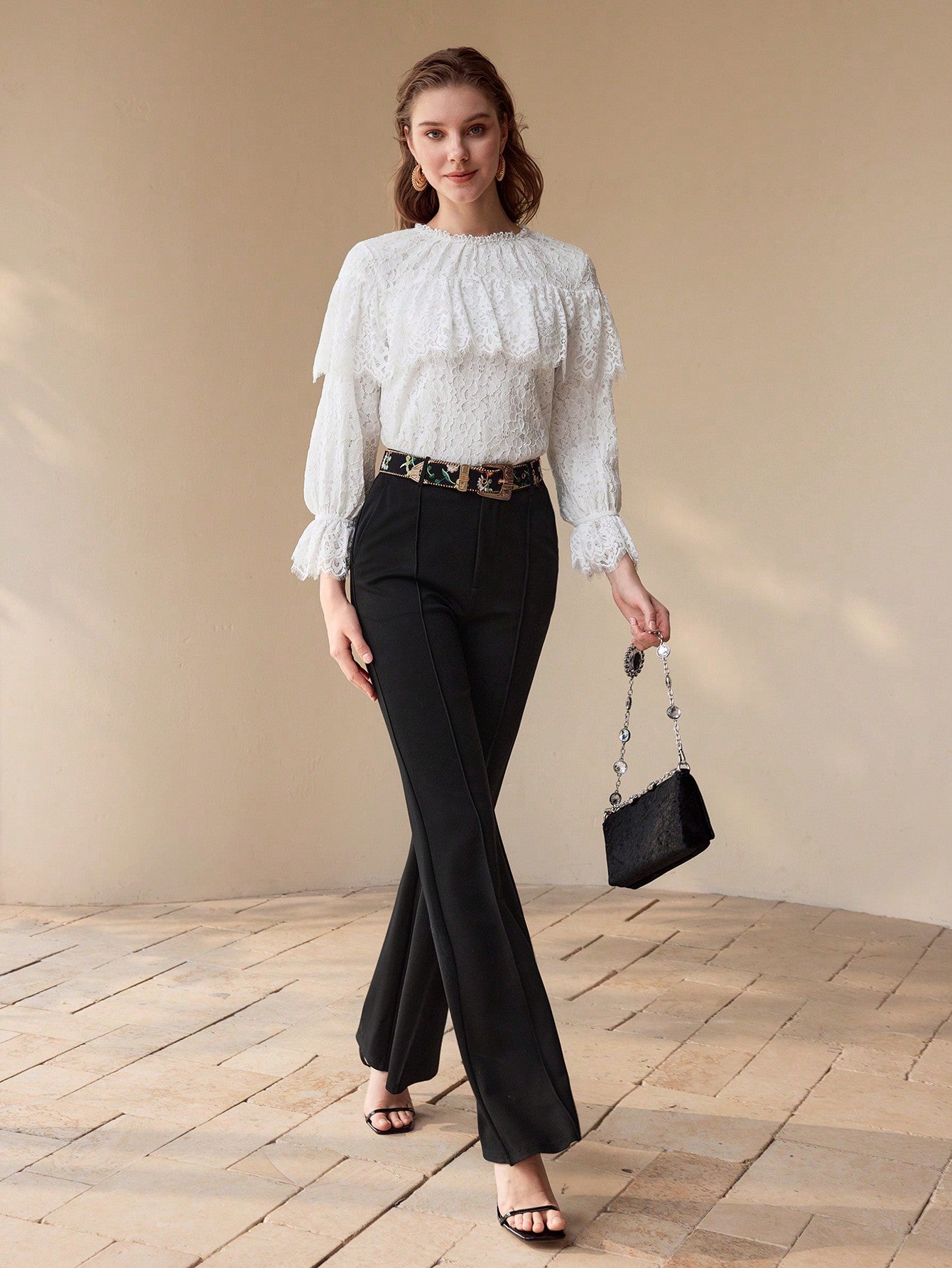 CM-TS840828 Women Elegant Seoul Style Round Neck Long Sleeve Lace Ruffle Trim Blouse - White