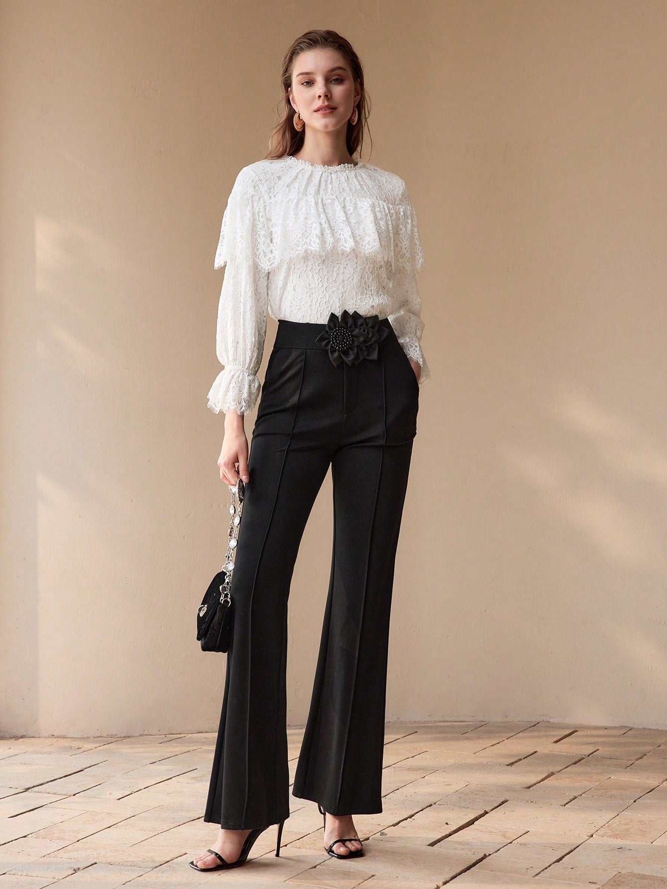 CM-TS840828 Women Elegant Seoul Style Round Neck Long Sleeve Lace Ruffle Trim Blouse - White