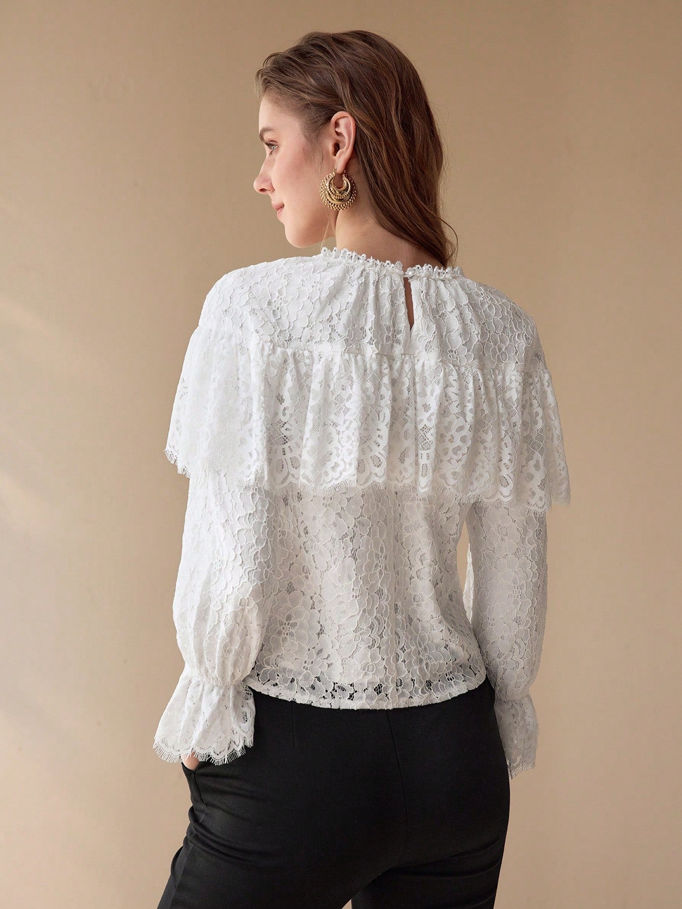CM-TS840828 Women Elegant Seoul Style Round Neck Long Sleeve Lace Ruffle Trim Blouse - White