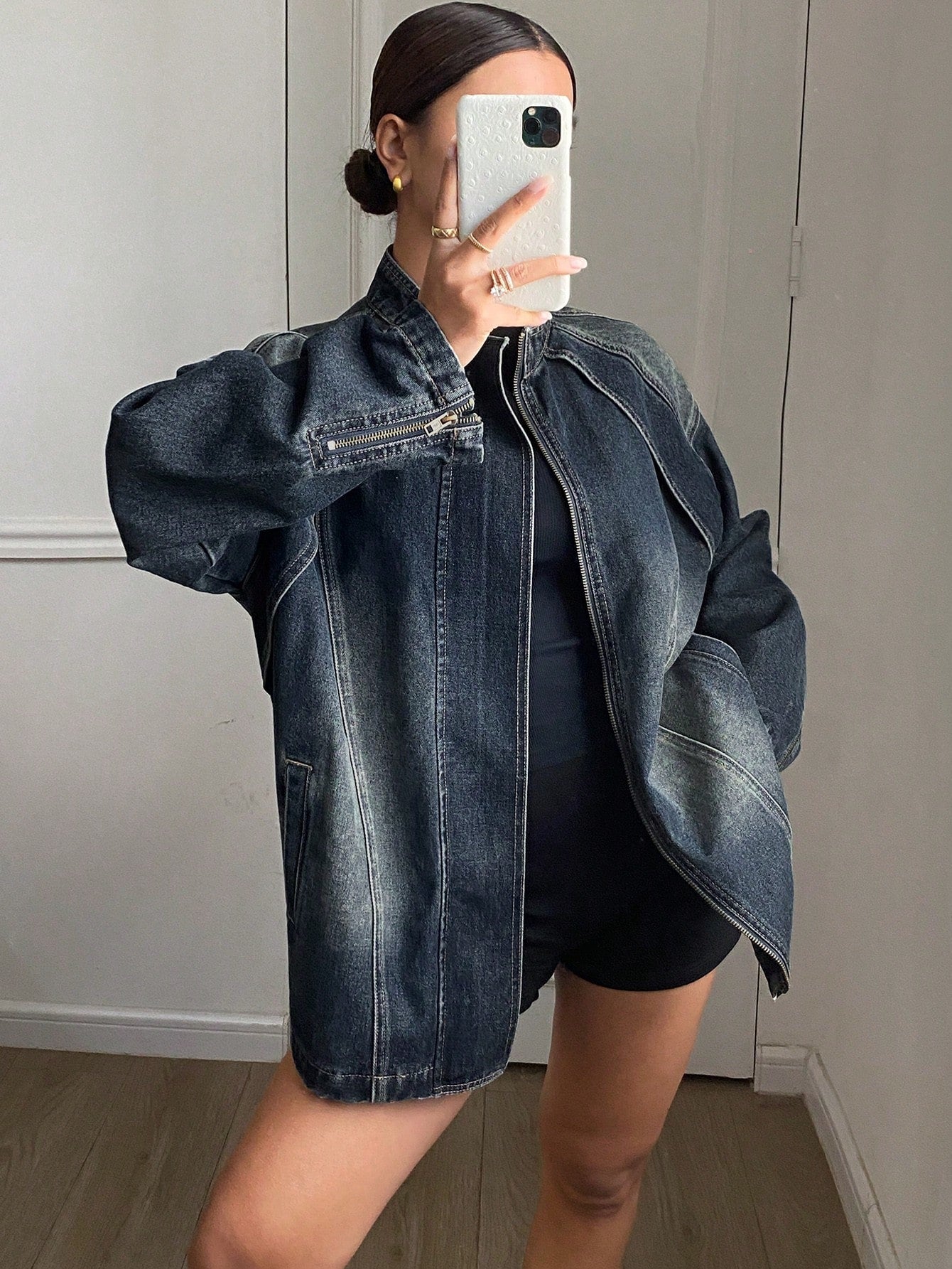 CM-CS024989 Women Casual Seoul Style Relaxed Fit Split Stand Collar Long Sleeve Denim Jacket - Blue