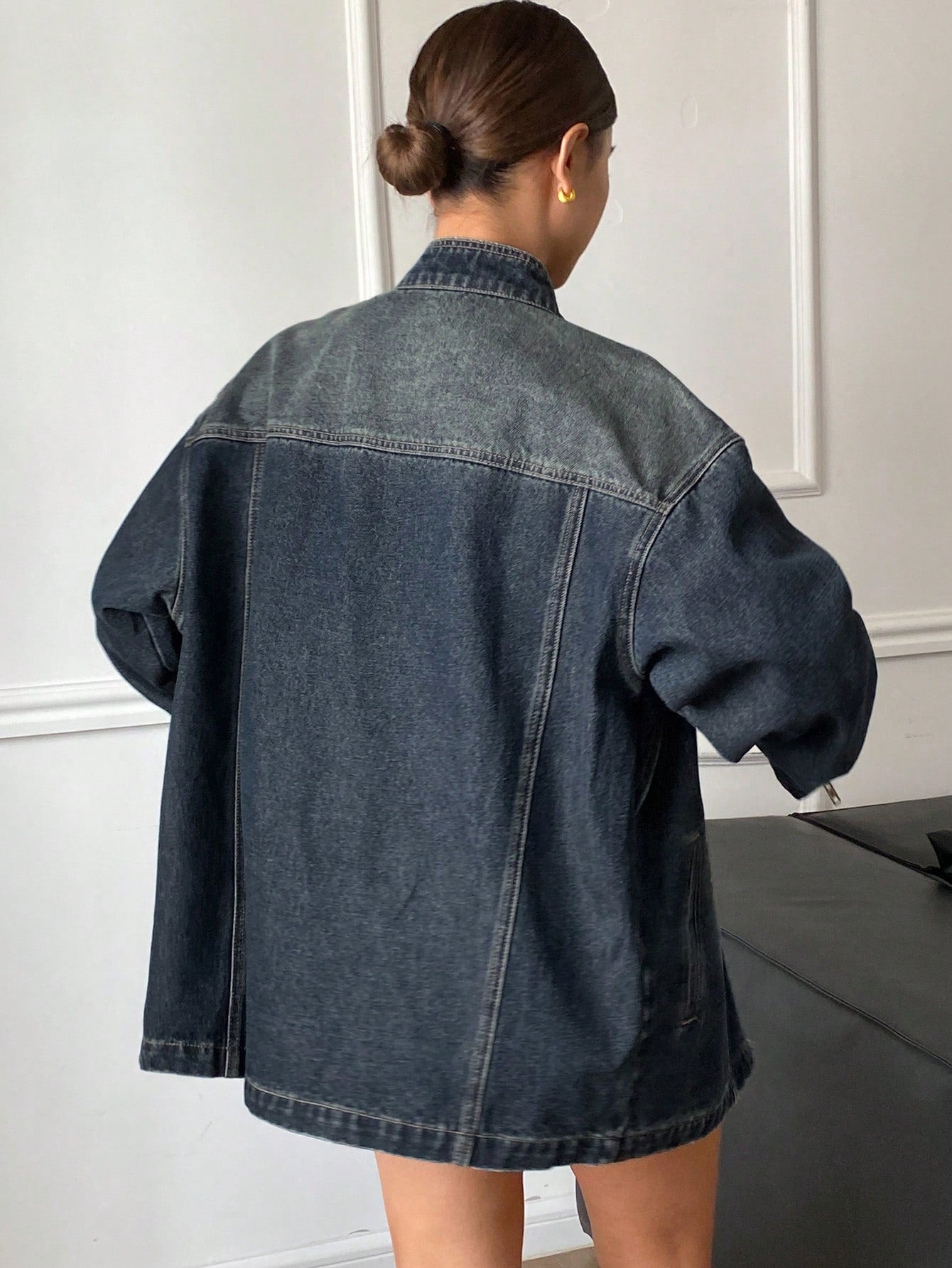 CM-CS024989 Women Casual Seoul Style Relaxed Fit Split Stand Collar Long Sleeve Denim Jacket - Blue