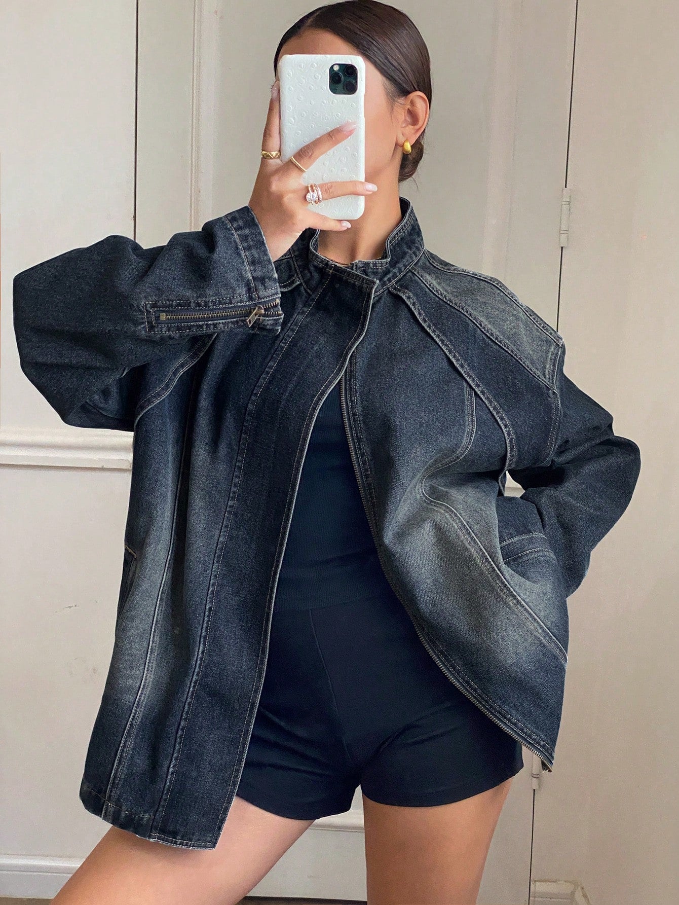 CM-CS024989 Women Casual Seoul Style Relaxed Fit Split Stand Collar Long Sleeve Denim Jacket - Blue