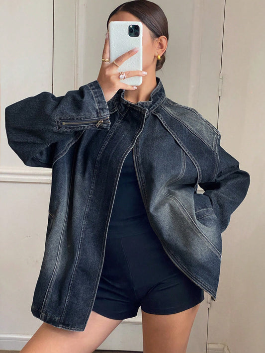 CM-CS024989 Women Casual Seoul Style Relaxed Fit Split Stand Collar Long Sleeve Denim Jacket - Blue
