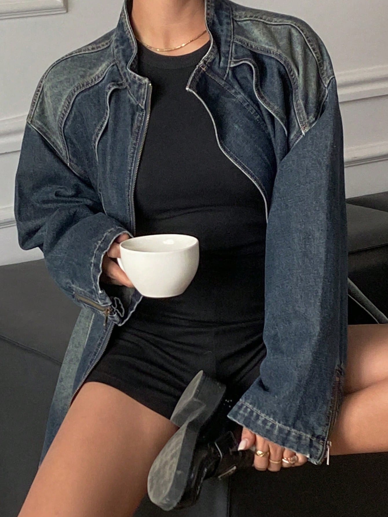CM-CS024989 Women Casual Seoul Style Relaxed Fit Split Stand Collar Long Sleeve Denim Jacket - Blue