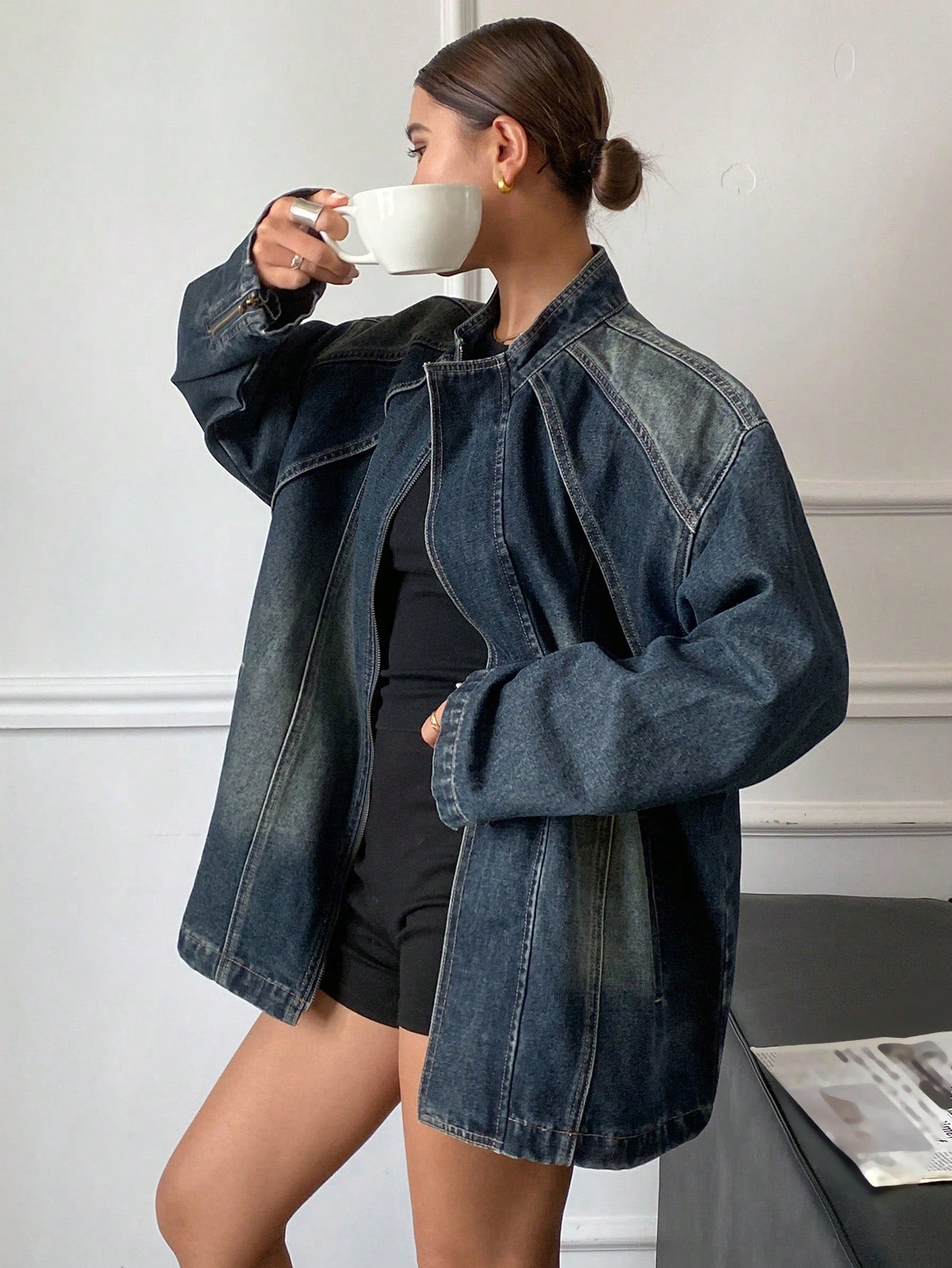 CM-CS024989 Women Casual Seoul Style Relaxed Fit Split Stand Collar Long Sleeve Denim Jacket - Blue