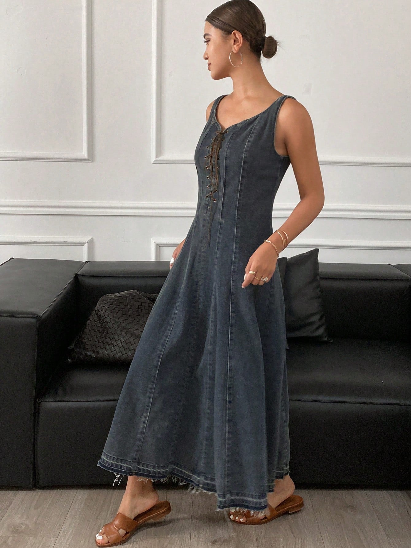 CM-DS055397 Women Casual Seoul Style Backless Pinafore Cinched Waist Decor Distressed Denim Dress