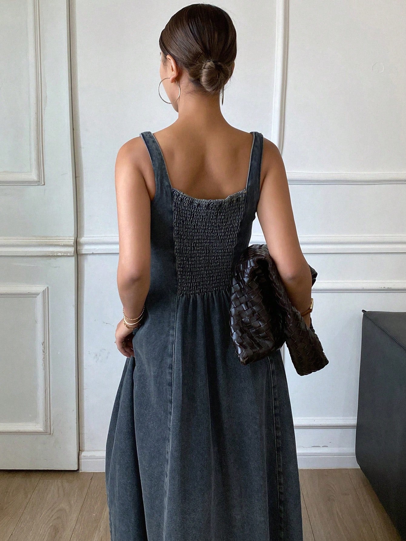 CM-DS055397 Women Casual Seoul Style Backless Pinafore Cinched Waist Decor Distressed Denim Dress