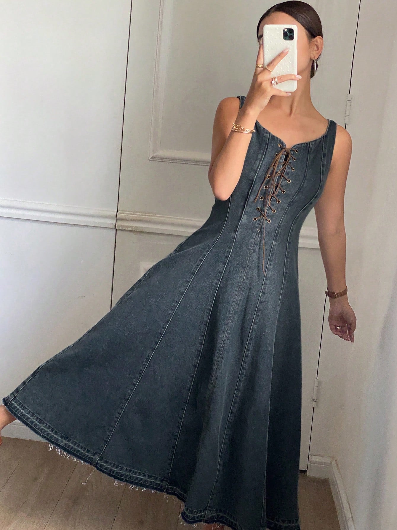 CM-DS055397 Women Casual Seoul Style Backless Pinafore Cinched Waist Decor Distressed Denim Dress